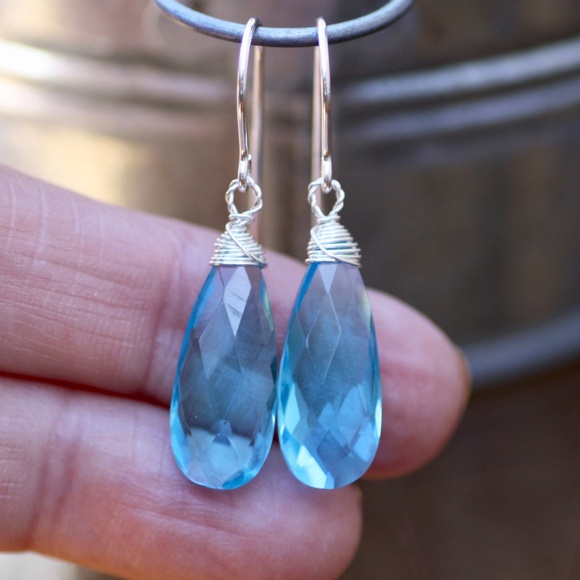 Wire Wrapped Swiss Blue Topaz Earrings Sterling Silver , December Birthstone - Picture 2 of 8